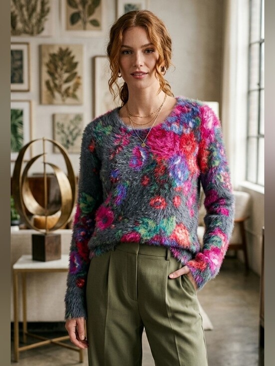 Meadow Rue Sweaters - Anthropology Fuzzy Floral Crewneck Sweater - Gray, Pink & Green Sz S